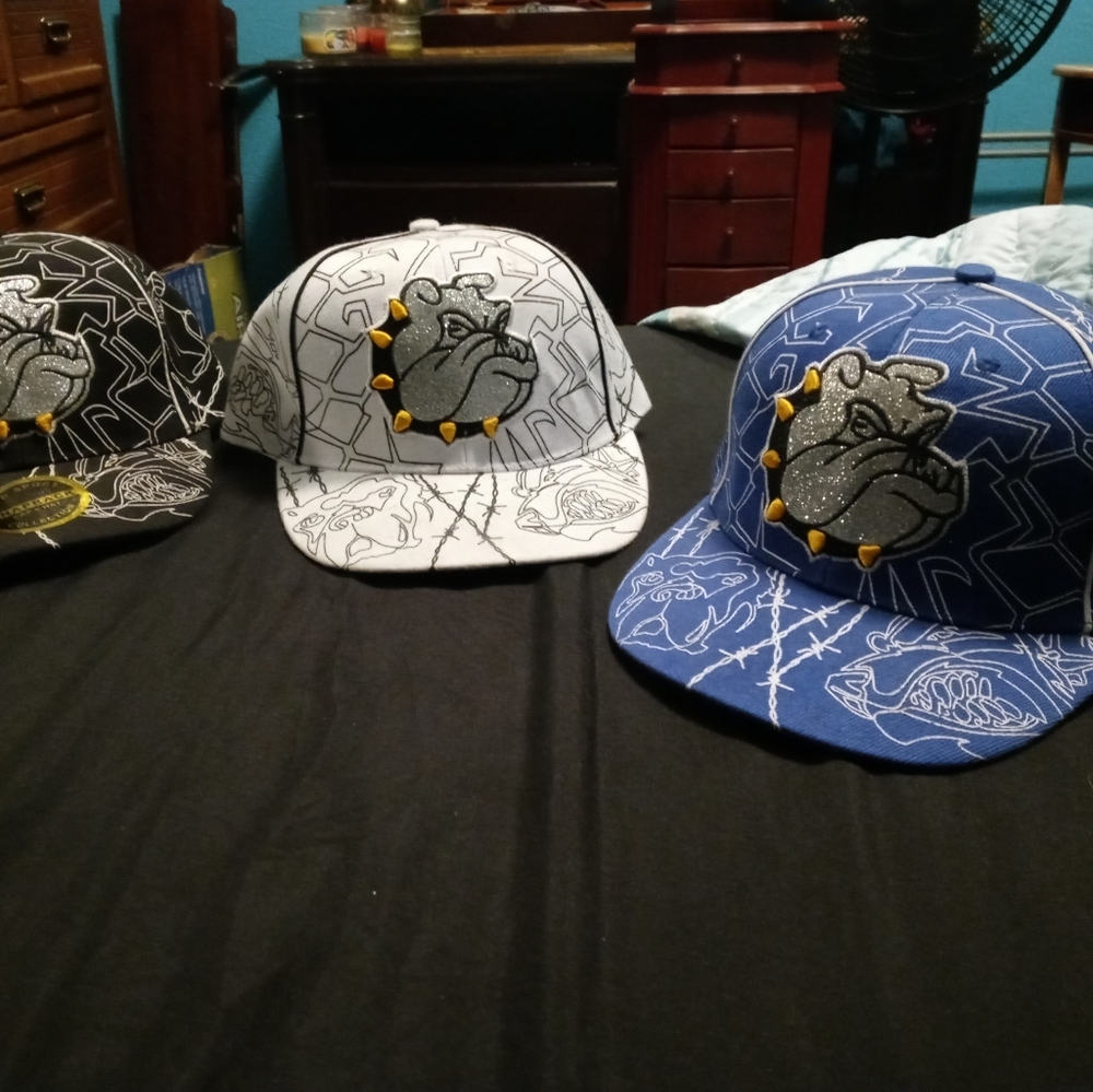 3 Bulldog hats white blue and black